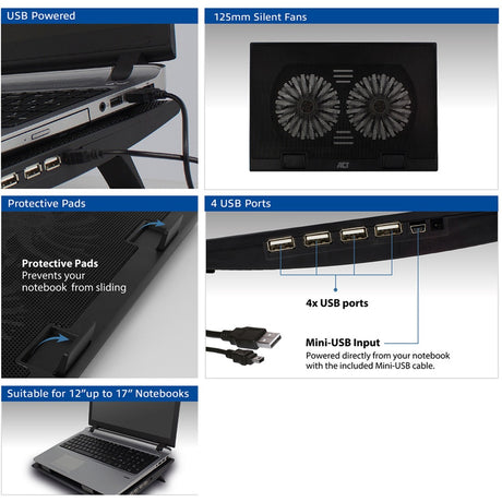 Podstawka pod laptop Act Connect, z wentylatorem, z regulacją wysokości w 2 pozycjach (czarny, 4-portowy koncentrator USB 2.0)