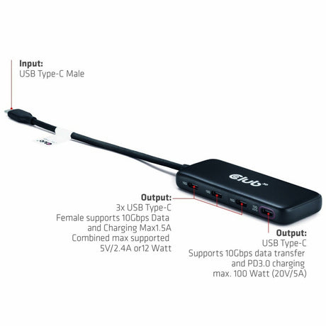 Koncentrator danych Club 3D USB-C 4-portowy 10G z koncentratorem USB PD3.0 (czarny)