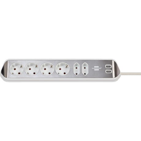 Brennerstuhl ®estilo narożna listwa przyłączeniowa z funkcją ładowania USB 6-kierunkowa 4x gniazda ochronne 2x euro srebrno-białe