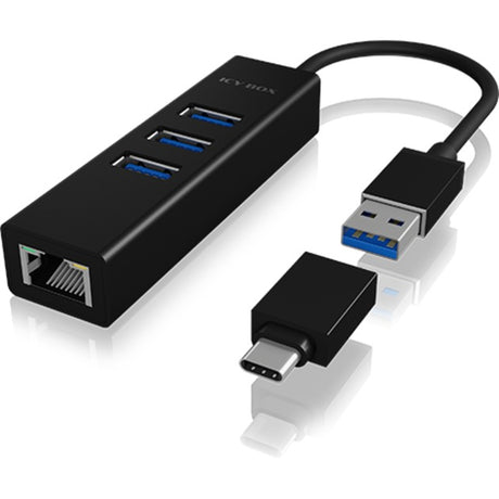 Icy box ib-hub1419-lan koncentrator USB (czarny, 3x USB-A 3.2 (5 Gbit s), 1x LAN)
