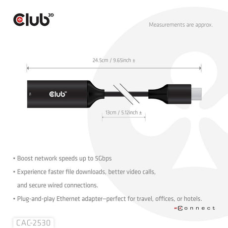 Adapter Club 3D USB-C na RJ45 5 Gb/s Ethernet M-F (czarny)