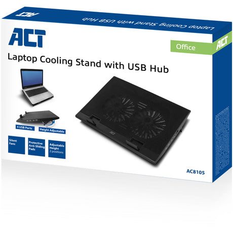 Podstawka pod laptop Act Connect, z wentylatorem, z regulacją wysokości w 2 pozycjach (czarny, 4-portowy koncentrator USB 2.0)