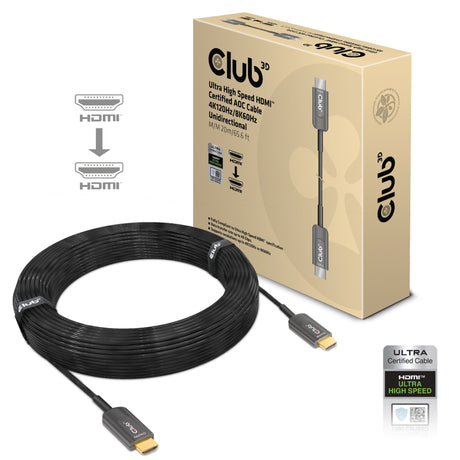 Certyfikat jednokierunkowy Club 3D Ultra High Speed AOC HDMI 2.1 Kabel męsko-męski (czarny, 20 metrów, 4K 120 Hz, 8K 60 Hz, 48 Gb/s)