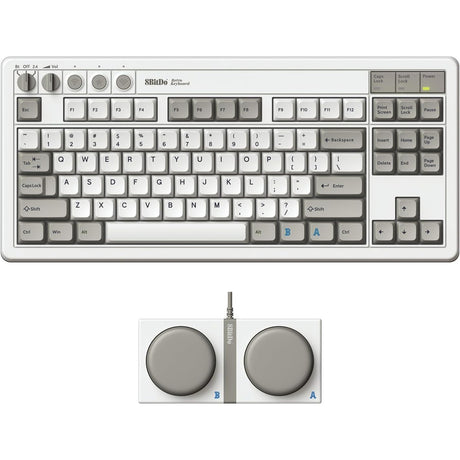 Klawiatura mechaniczna 8bitdo retro m edycja (szara, układ us (qwerty), kailh box biała, 80% (tkl), bluetooth low Energy, bezprzewodowa 2.4g, USB)