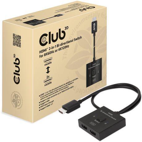 Przełącznik Club 3D HDMI 2 w 1 dwukierunkowy dla 8k60hz lub 4k120hz (czarny, 0,5 metra)