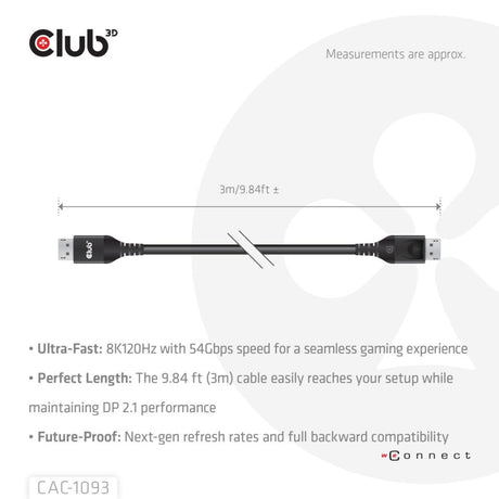 Kabel Club 3D DisplayPort 2.1 Vesa DP54 z certyfikatem męsko-męski (czarny, 3 metry, 4K 240 Hz, 8K 120 Hz, 54 Gb/s)