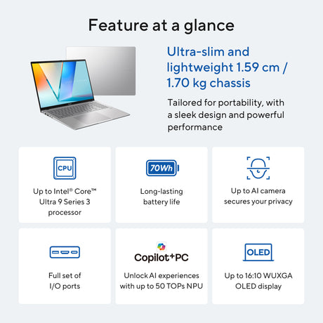 Asus vivobook s16 s3607aa-sh016w 16 copilot+ laptop (srebrny | ultra 7 355 | intel arc Graphics | 32 GB | 1 TB SSD | OLED)