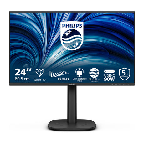 Philips 24b2u3601 00 23.8 monitor (zwart, 1x displayport, 1x hdmi, 2x usb-c, 3x usb-a, 1x rj-45, 120 hz)