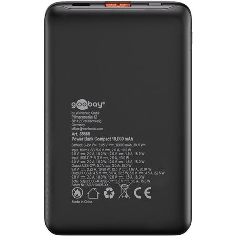Kompaktowy power bank Goobay 10 000 mAh (czarny, 10 Ah, 1x USB-A, 1x USB-C, zasilanie, szybkie ładowanie)