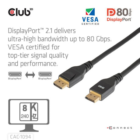 Kabel Displayport 2.1 Vesa DP80 z certyfikatem Club 3D (czarny, 2 metry, 8k 240hz, 10k 60hz, 80gbps)