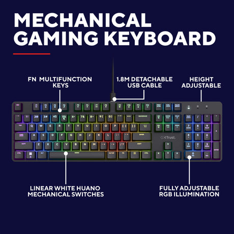 Mechaniczna klawiatura do gier Trust GXT 871 Zora (czarna, układ US (QWERTY), Huano Red, 100%, RGB)