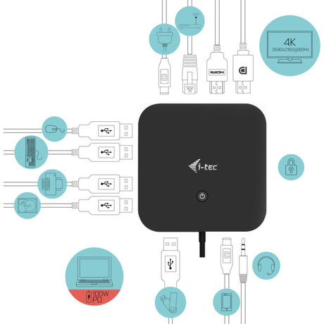 Stacja dokująca I-tec USB-C HDMI DP z zasilaniem 65W + uniwersalna ładowarka 77 W (czarna)