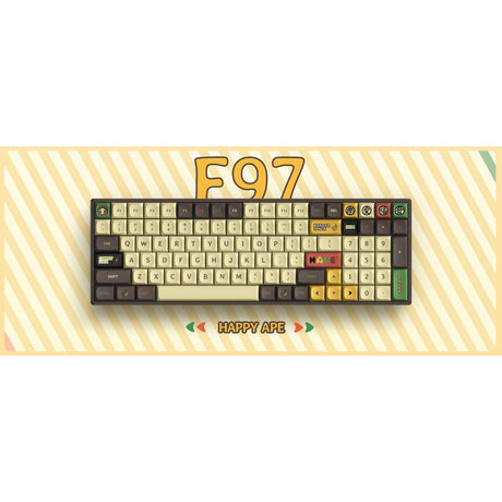 Bezprzewodowa klawiatura mechaniczna Iqunix f97 happy ape (brązowa, układ amerykański (qwerty), wiśnia mx czerwona, 96%, diody rgb, możliwość wymiany podczas pracy, pbt, 2,4 GHz | bluetooth 5.1 | usb-c)
