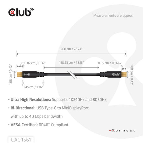 Dwukierunkowy adapter Club 3D z USB-C na Mini DisplayPort DP40 (czarny, 2 metry, certyfikat Vesa)