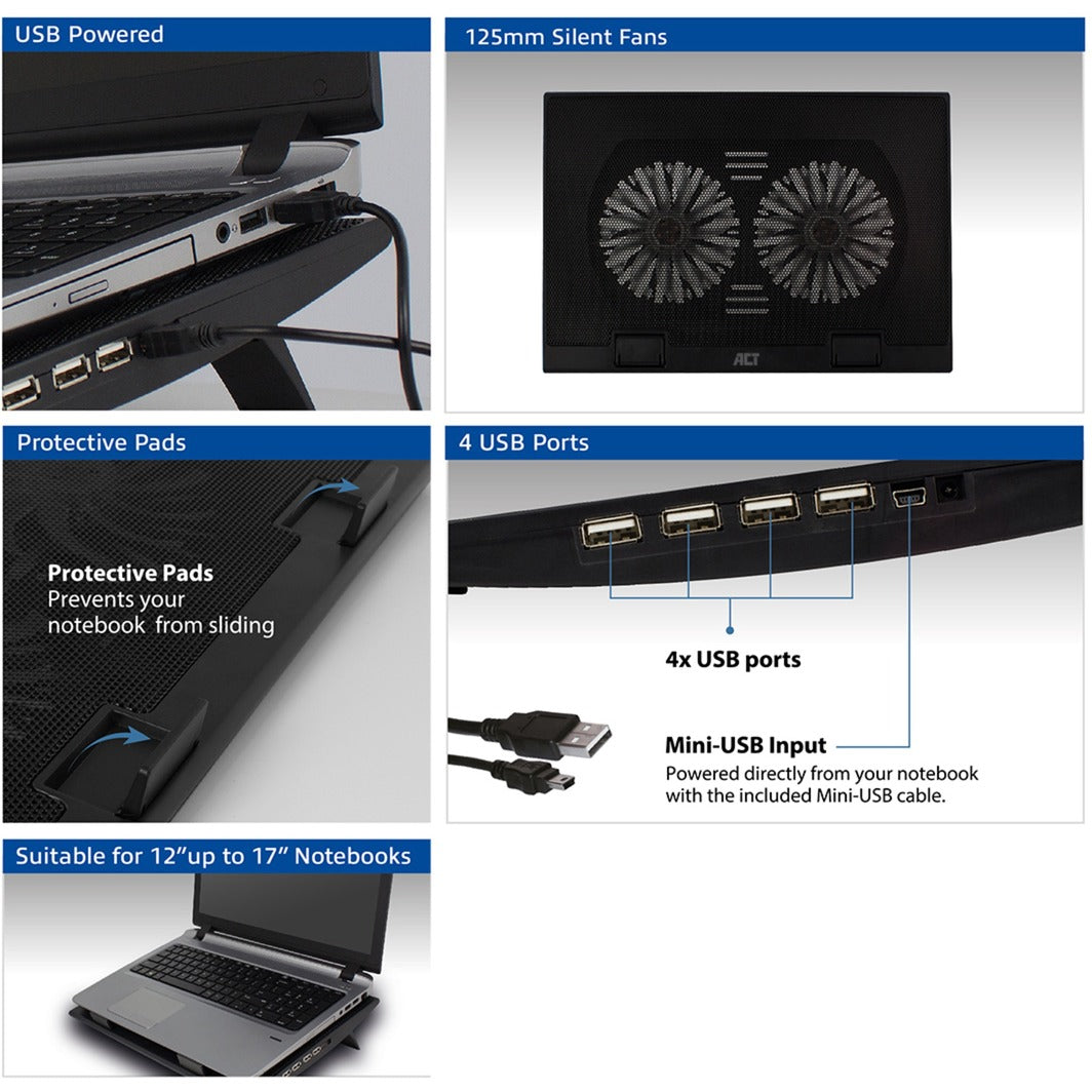 Podstawka pod laptop Act Connect, z wentylatorem, z regulacją wysokości w 2 pozycjach (czarny, 4-portowy koncentrator USB 2.0)