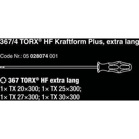 Zestaw wkrętaków Wera 367 4 Torx® hf kraftform plus z funkcją przytrzymywania, z ostrzami o długości 300 mm (czarno-zielony, 4 sztuki)