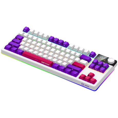 Mechaniczna klawiatura do gier Lorgar kbp70tklw rgb (biała, układ amerykański (qwerty), logar toksyczny fiolet, 80% (tkl), rgb, możliwość wymiany podczas pracy, podwójny strzał pbt, bluetooth | 2,4 ghz | usb)