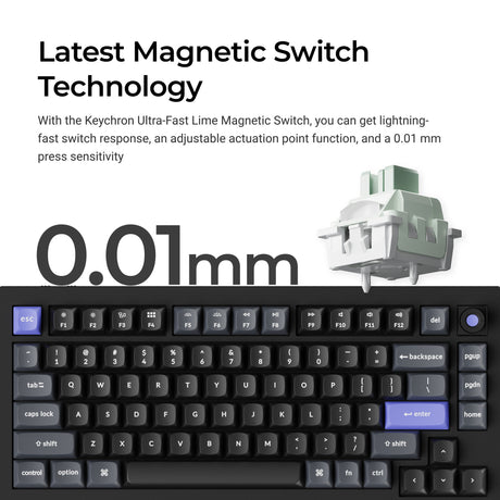 Keychron q1 he 8k klawiatura z przełącznikiem magnetycznym (czarna, układ amerykański (qwerty), ultraszybka limetka, 75%, rgb, hot swap, 8k)