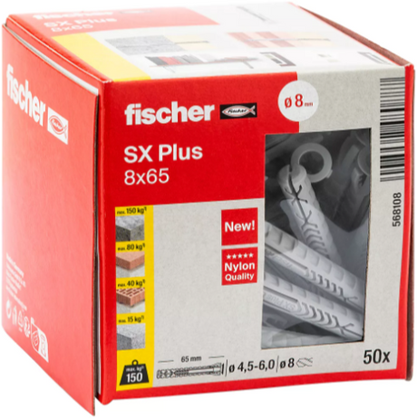 Wtyczka Fischer sx plus 8x65 – wtyczka uniwersalna – ø8 mm – 50 sztuk
