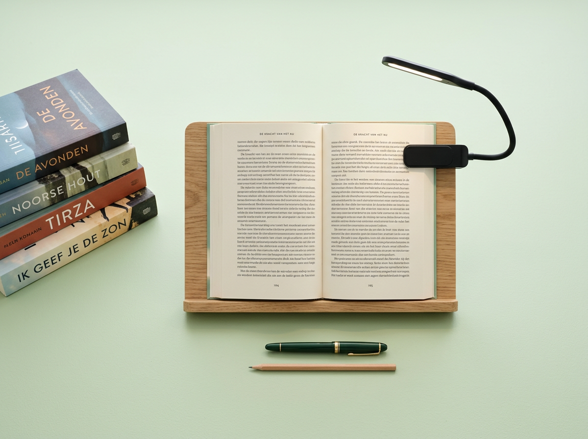 Boekaccessoires: leeslampje, boekensteun en schrijfgerei