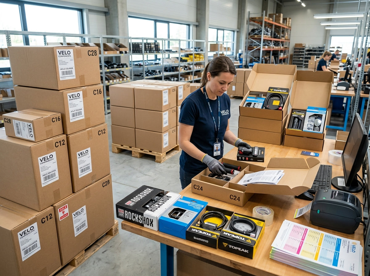 Pakketten met fietsaccessoires ingepakt in magazijn