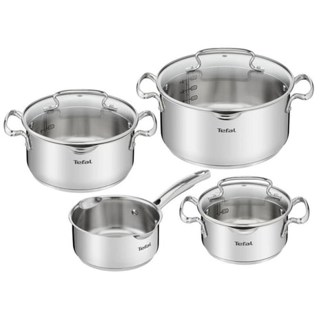 Tefal duetto+ 4-częściowy zestaw do gotowania ze stali nierdzewnej, rondelek 16 cm i garnki 16, 20 i 24 cm, odpowiednie do wszystkich źródeł ciepła.
