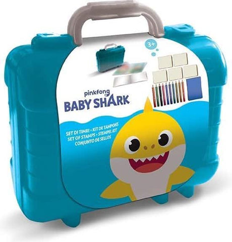 Pudełko na znaczki Jonotoys Baby Shark z wieloma nadrukami, zawierające 5 drewnianych znaczków