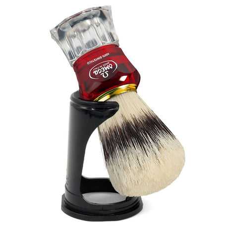 Pędzel do golenia Omega Hi-brush z włosia syntetycznego z efektem włosia borsuka, czerwona, przezroczysta rączka 11cm