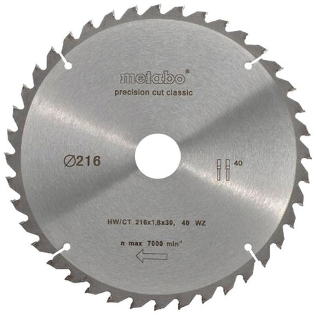 Piła tarczowa Metabo Precision Cut hw ct ø 216 mm, 40t wz 5° - 628065000