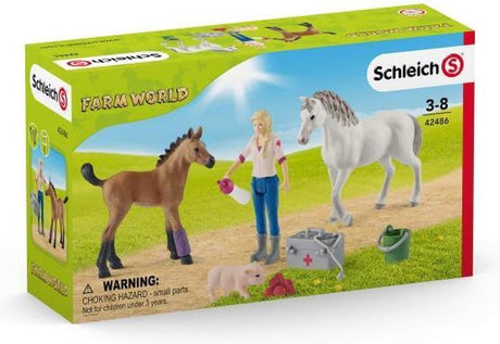 Schleich Farm World - lekarz odwiedza klacz i źrebak - zestaw figurek do zabawy - zabawki dla dzieci dla chłopców i dziewcząt - od 3 do 8 lat - 8 części