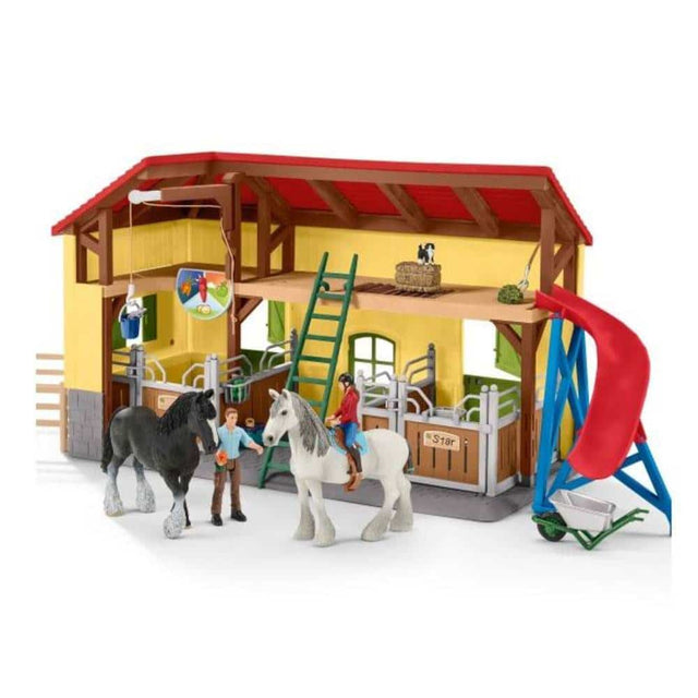 Schleich Farm World - stajnia dla koni - zabawki dla koni - 2 konie i figurki do zabawy w gospodarstwie - 82 części