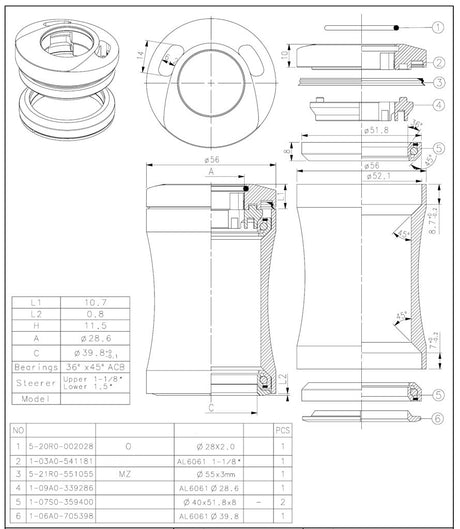 Tecora Ball Head Set1 1 8 -calowy częściowo zintegrowany z tranzytem kablowym